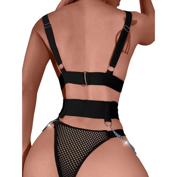 Women's Fishnet Black Sexy Chain Strappy Garter Belt Lingerie Set Rave Outfits - Picture 2 of 5